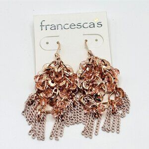 Francesca’s Rose Gold Chandelier Dangle Earrings Pink Crystal Beads Chain Fringe